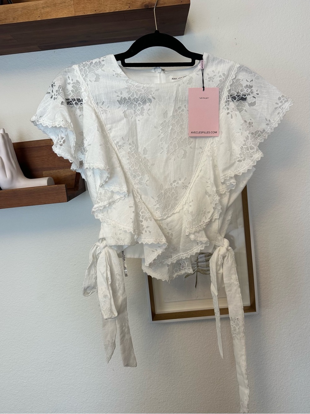 Avec Les Filles Cream Lace Ruffle Wrap Blouse